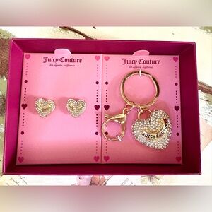 Juicy Couture Bling Rhinestone Heart Keychain Earrings Set